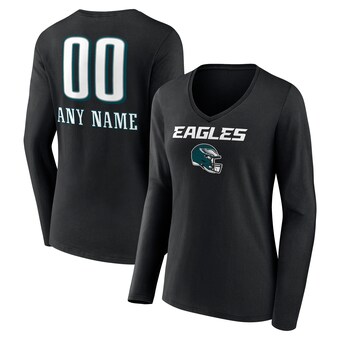 Women's Black Philadelphia Eagles Personalized Name & Number Team Wordmark Long Sleeve V-Neck T-Shirt