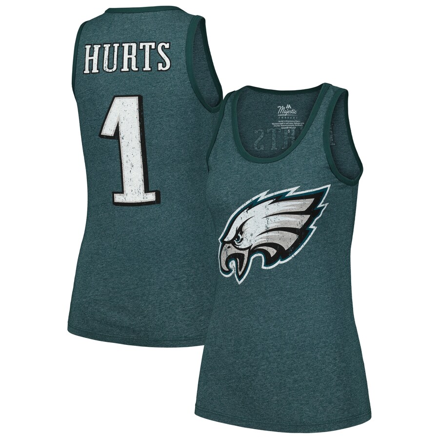 Women's Philadelphia Eagles Jalen Hurts Majestic Threads Heathered Green Name & Number Tri-Blend Tank Top