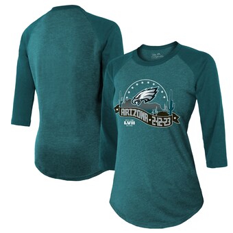 Women's Philadelphia Eagles Majestic Threads Midnight Green Super Bowl LVII Desert Tri-Blend Raglan 3/4 Sleeve T-Shirt