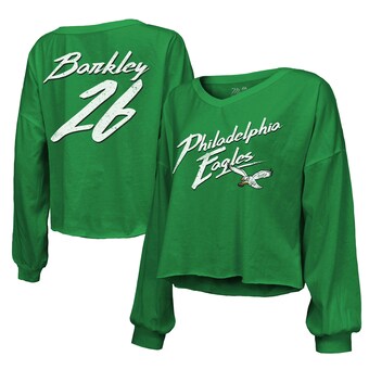 Women's Philadelphia Eagles Saquon Barkley Majestic Threads Kelly Green Name & Number Off-Shoulder Script Cropped Long Sleeve V-Neck T-Shirt