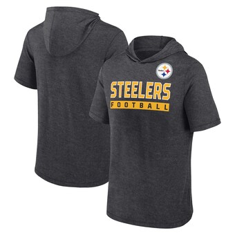 Men's Pittsburgh Steelers Fanatics Heather Charcoal Push Short Sleeve Pullover Hoodie