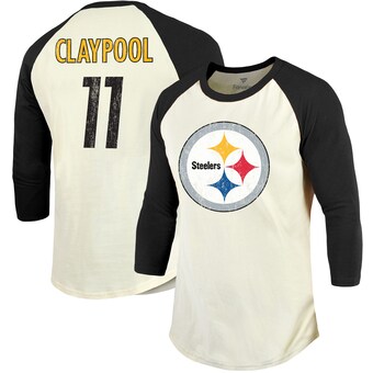 Men's Pittsburgh Steelers Chase Claypool Majestic Threads Cream/Black Vintage Player Name & Number Raglan 3/4-Sleeve T-Shirt