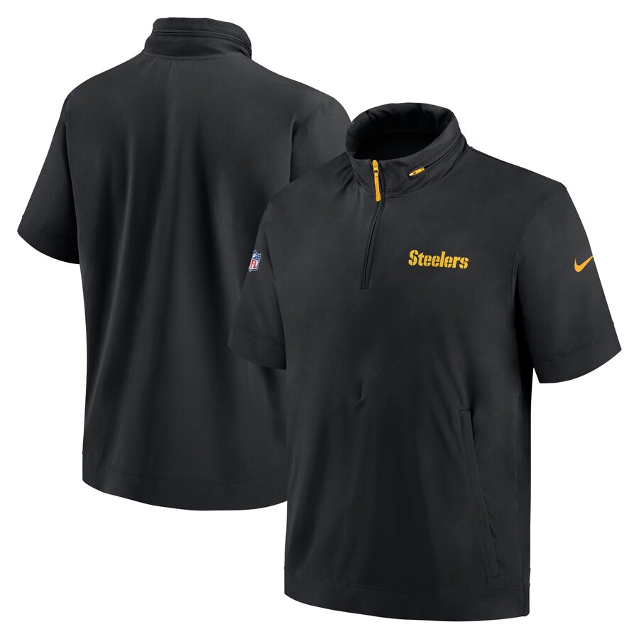 Men's Pittsburgh Steelers Nike Black 2024 Sideline Coach Short Sleeve Half-Zip Hoodie Jacket