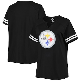 Women's Pittsburgh Steelers Fanatics Black Plus Size Logo Striped Raglan Notch Neck T-Shirt