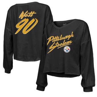 Women's Pittsburgh Steelers T.J. Watt Majestic Threads Black Name & Number Off-Shoulder Script Cropped Long Sleeve V-Neck T-Shirt