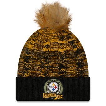 Women's Pittsburgh Steelers New Era Black/Yellow 2022 Salute To Service Pom Knit Hat