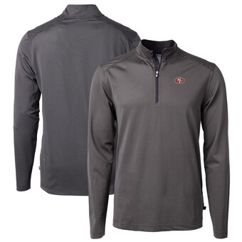 Men's San Francisco 49ers Cutter & Buck Black/Gray Virtue Eco Pique Micro Stripe Recycled Quarter-Zip Pullover Top