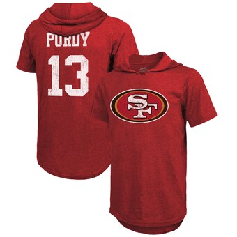 Men's San Francisco 49ers Brock Purdy Majestic Threads Scarlet Player Name & Number Tri-Blend Short Sleeve Hoodie T-Shirt