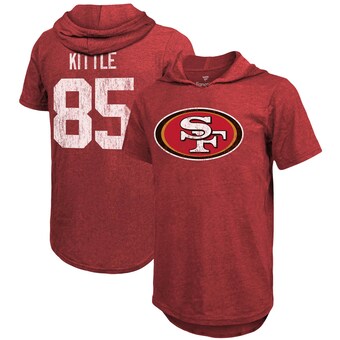 Men's San Francisco 49ers George Kittle Majestic Threads Scarlet Player Name & Number Tri-Blend Slim Fit Hoodie T-Shirt