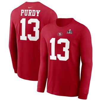 Men's San Francisco 49ers Brock Purdy Nike Scarlet Super Bowl LVIII Patch Player Name & Number Long Sleeve T-Shirt