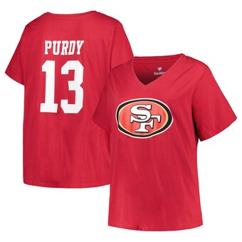 Women's San Francisco 49ers Brock Purdy Scarlet Plus Size Fair Catch Name & Number V-Neck T-Shirt