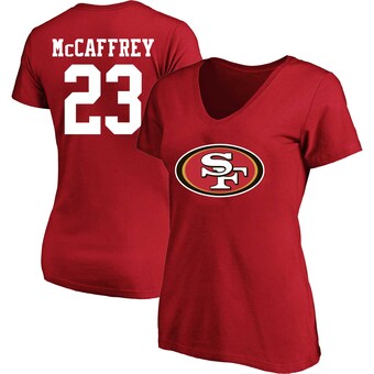 Women's San Francisco 49ers Christian McCaffrey Scarlet Plus Size Fair Catch Name & Number V-Neck T-Shirt