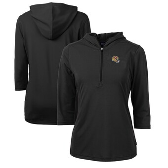 Women's San Francisco 49ers  Cutter & Buck Black Helmet Logo DryTec Virtue Eco Pique Recycled 3/4-Sleeve Half-Zip Pullover Hoodie