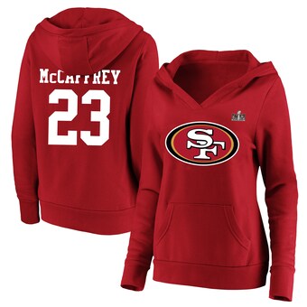 Christian McCaffrey San Francisco 49ers Fanatics Women's Super Bowl LVIII Plus Size Player Name & Number V-Neck Fleece Pullover Hoodie - Scarlet