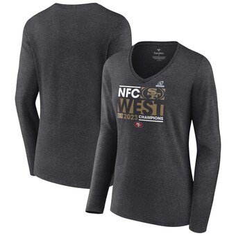 Women's San Francisco 49ers  Fanatics Heather Charcoal 2023 NFC West Division Champions Conquer Long Sleeve V-Neck T-Shirt