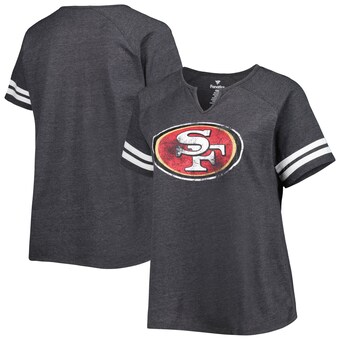 Women's San Francisco 49ers Fanatics Heather Charcoal Plus Size Logo Striped Raglan Notch Neck T-Shirt