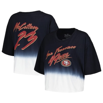 Women's San Francisco 49ers Christian McCaffrey Majestic Threads Black/White Dip-Dye Player Name & Number Crop Top