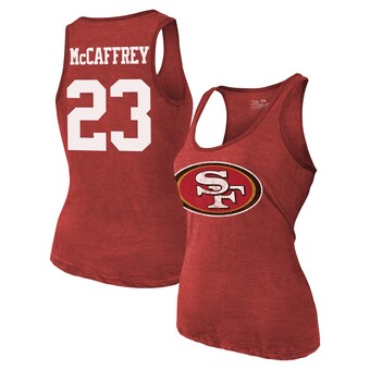 Women's San Francisco 49ers Christian McCaffrey Majestic Threads Scarlet Name & Number Tri-Blend Tank Top