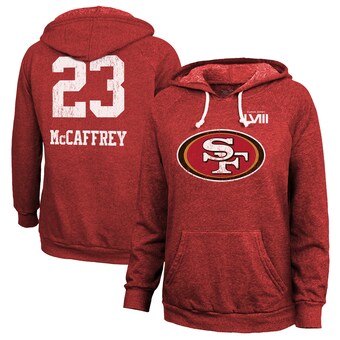 Women's San Francisco 49ers Christian McCaffrey Majestic Threads Scarlet Super Bowl LVIII Name & Number Tri-Blend Pullover Hoodie