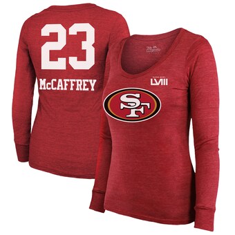 Women's San Francisco 49ers Christian McCaffrey Majestic Threads Scarlet Super Bowl LVIII Scoop Name & Number Tri-Blend Long Sleeve T-Shirt