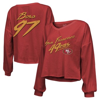 Women's San Francisco 49ers Nick Bosa Majestic Threads Scarlet Name & Number Script Off-Shoulder Cropped Long Sleeve T-Shirt