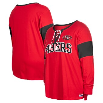 Women's San Francisco 49ers New Era Scarlet Plus Size Lace-Up Notch Neck Long Sleeve T-Shirt