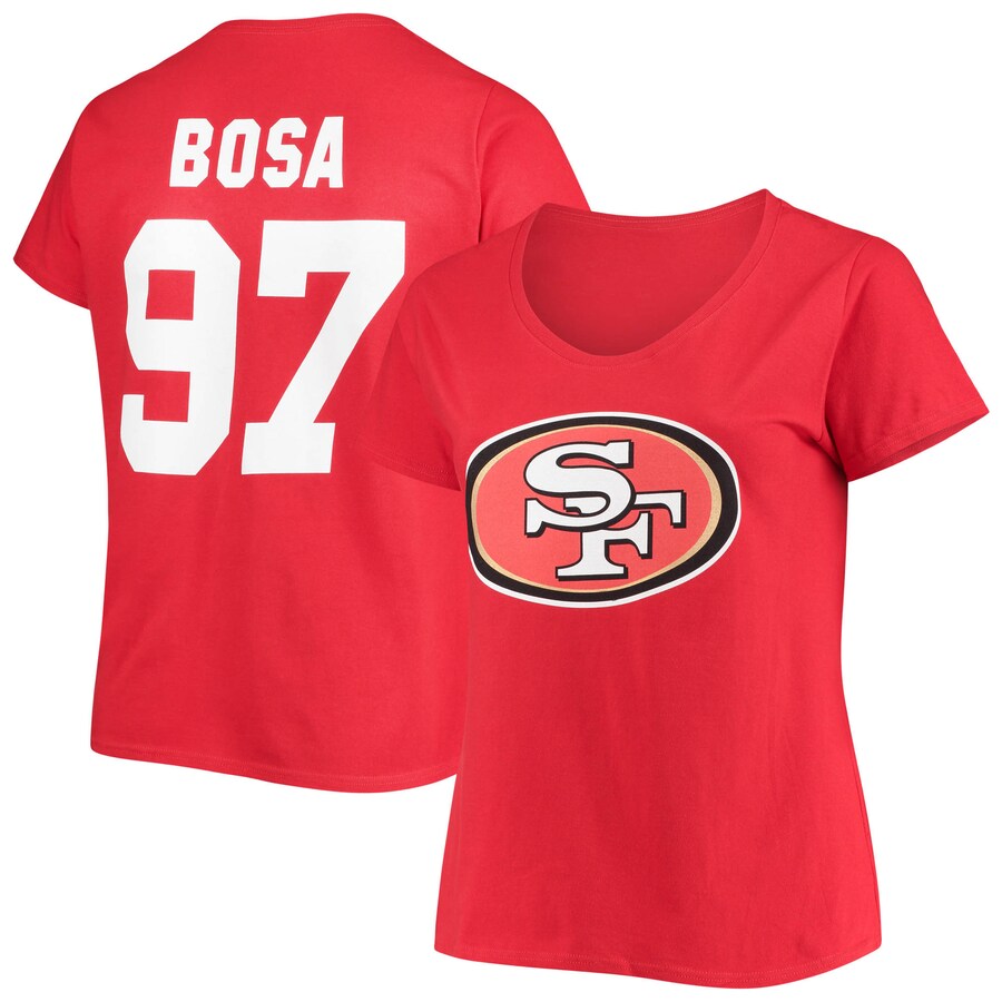 Women's San Francisco 49ers Nick Bosa Scarlet Plus Size Fair Catch Name & Number V-Neck T-Shirt