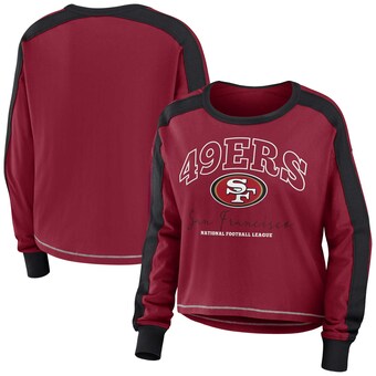 Women's San Francisco 49ers WEAR by Erin Andrews Scarlet/Black Color Block Modest Crop Long Sleeve T-Shirt