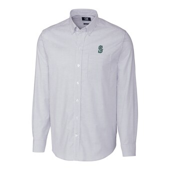 Men's Seattle Mariners Cutter & Buck Navy Big & Tall Stretch Oxford Striped Long Sleeve Button-Down Shirt