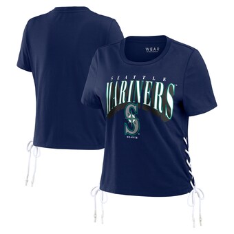 Women's Seattle Mariners WEAR by Erin Andrews Navy Side Lace-Up Cropped T-Shirt