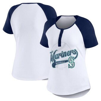 Women's Seattle Mariners WEAR by Erin Andrews White/Navy Fitted Henley Raglan T-Shirt