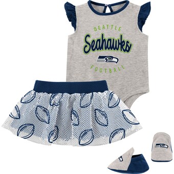 Girls Infant Seattle Seahawks Heather Gray/Navy All Dolled Up Three-Piece Bodysuit, Skirt & Booties Set