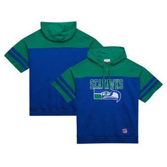 Men's Seattle Seahawks Mitchell & Ness Royal  Off Field Vintage Logo Short Sleeve Pullover Hoodie