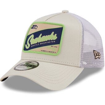 Men's Seattle Seahawks New Era Khaki/White Happy Camper A-Frame Trucker 9FORTY Snapback Hat