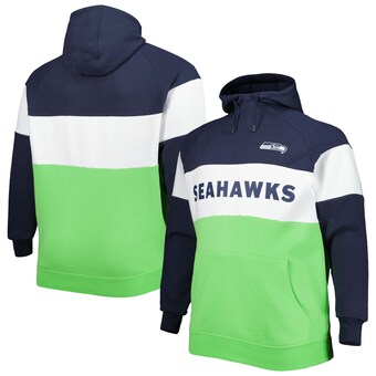 Men's Seattle Seahawks New Era Neon Green/College Navy Big & Tall Current Colorblock Raglan Fleece Pullover Hoodie