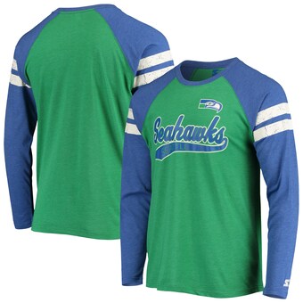 Men's Seattle Seahawks Starter Green/Royal Throwback League Raglan Long Sleeve Tri-Blend T-Shirt