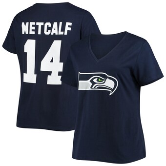 Women's Seattle Seahawks DK Metcalf Navy Plus Size Fair Catch Name & Number V-Neck T-Shirt