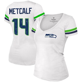 Women's Seattle Seahawks DK Metcalf Fanatics White Fashion Player Name & Number V-Neck T-Shirt