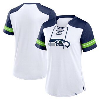 Women's Seattle Seahawks Fanatics White/College Navy Foiled Primary Lace-Up T-Shirt