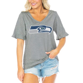 Women's Seattle Seahawks  Gameday Couture Gray Field Finesse Ruffle Sleeve V-Neck T-Shirt