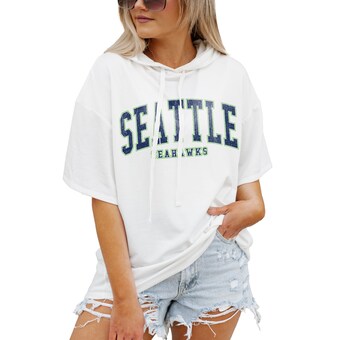 Women's Seattle Seahawks  Gameday Couture White Oversized Chic Captain French Terry Short Sleeve Pullover Hoodie