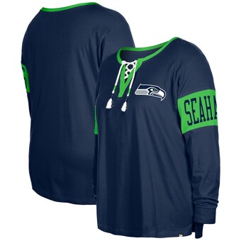 Women's Seattle Seahawks New Era College Navy Plus Size Lace-Up Notch Neck Long Sleeve T-Shirt