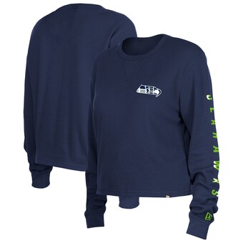 Women's Seattle Seahawks New Era College Navy Thermal Crop Long Sleeve T-Shirt