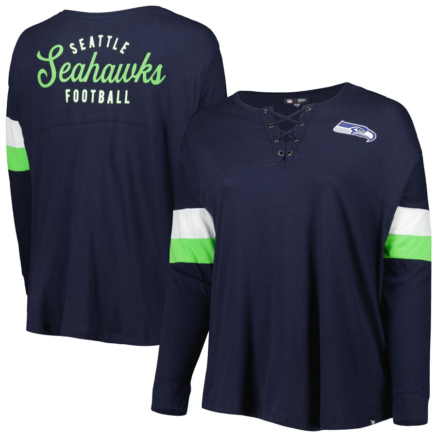 Women's Seattle Seahawks New Era Navy Plus Size Athletic Varsity Lace-Up V-Neck Long Sleeve T-Shirt