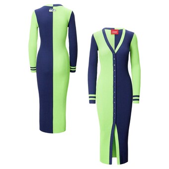 Women's Seattle Seahawks STAUD Neon Green/Navy Shoko Knit Button-Up Sweater Dress