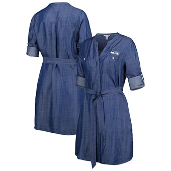 Women's Seattle Seahawks Tommy Bahama Denim Mission Beach Indigo Button-Up Long Sleeve Dress