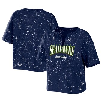 Women's Seattle Seahawks WEAR by Erin Andrews College Navy Bleach Wash Splatter Notch Neck Cropped T-Shirt