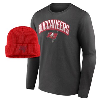 Men's Tampa Bay Buccaneers Fanatics Pewter/Red Long Sleeve T-Shirt & Cuffed Knit Hat Combo Pack