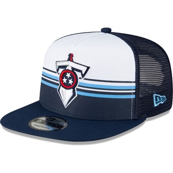 Men's Tennessee Titans New Era White/Navy Striped A-Frame 9FIFTY Trucker Snapback Hat