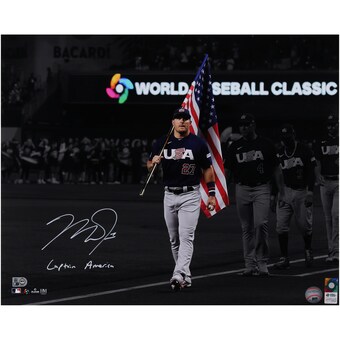 Mike Trout USA Baseball Autographed Fanatics Authentic 16" x 20" Holding Flag Photograph with "Captain America" Inscription